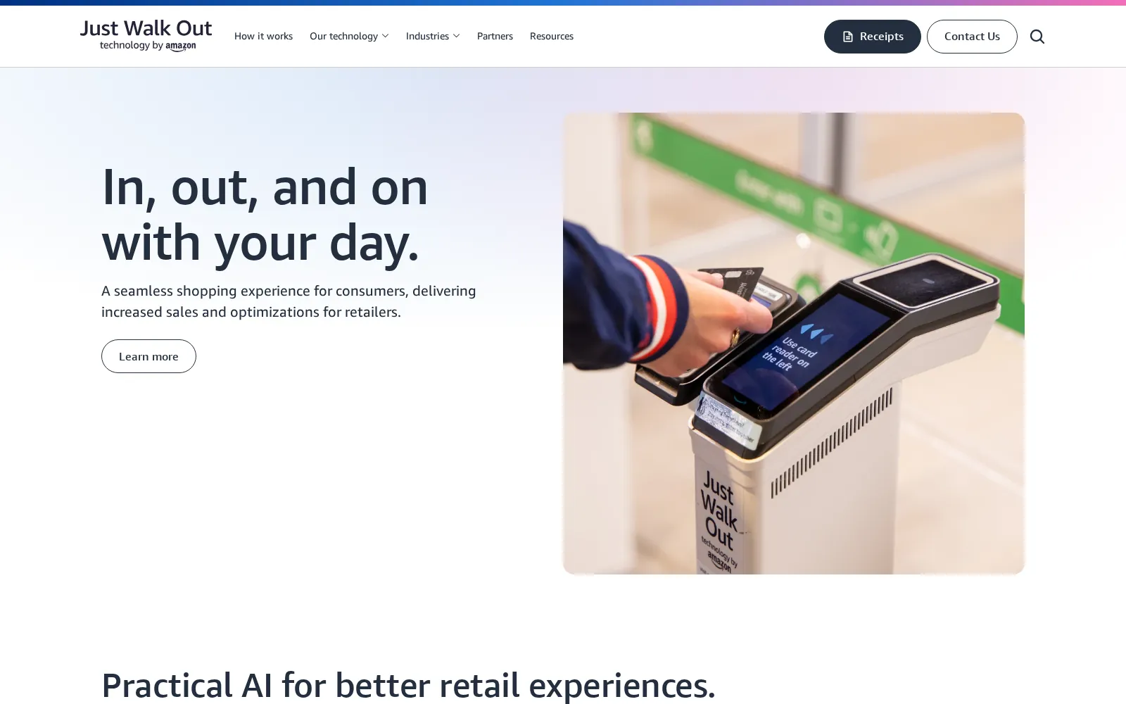 Amazon Just Walk Out home page: a shopper taps in at a Just Walk Out store gate