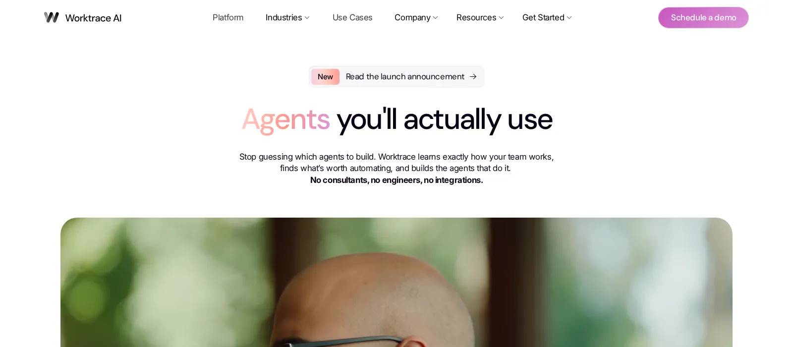 Worktrace AI home page: "Agents you'll actually use"