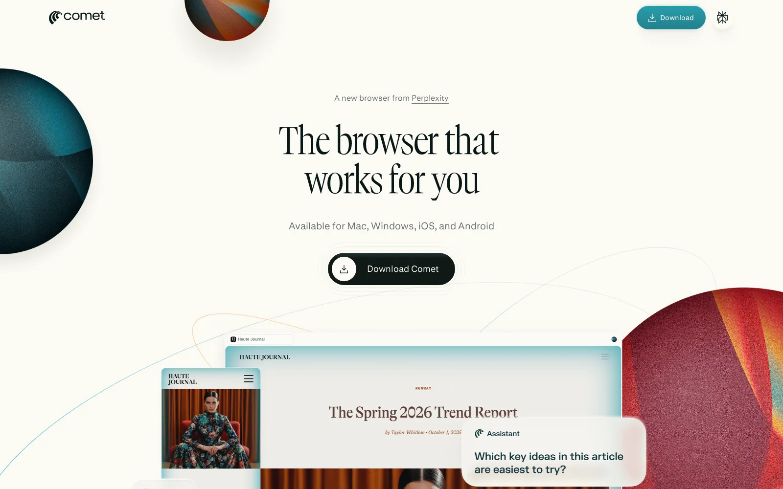 Perplexity Comet product page: "The browser that works for you"