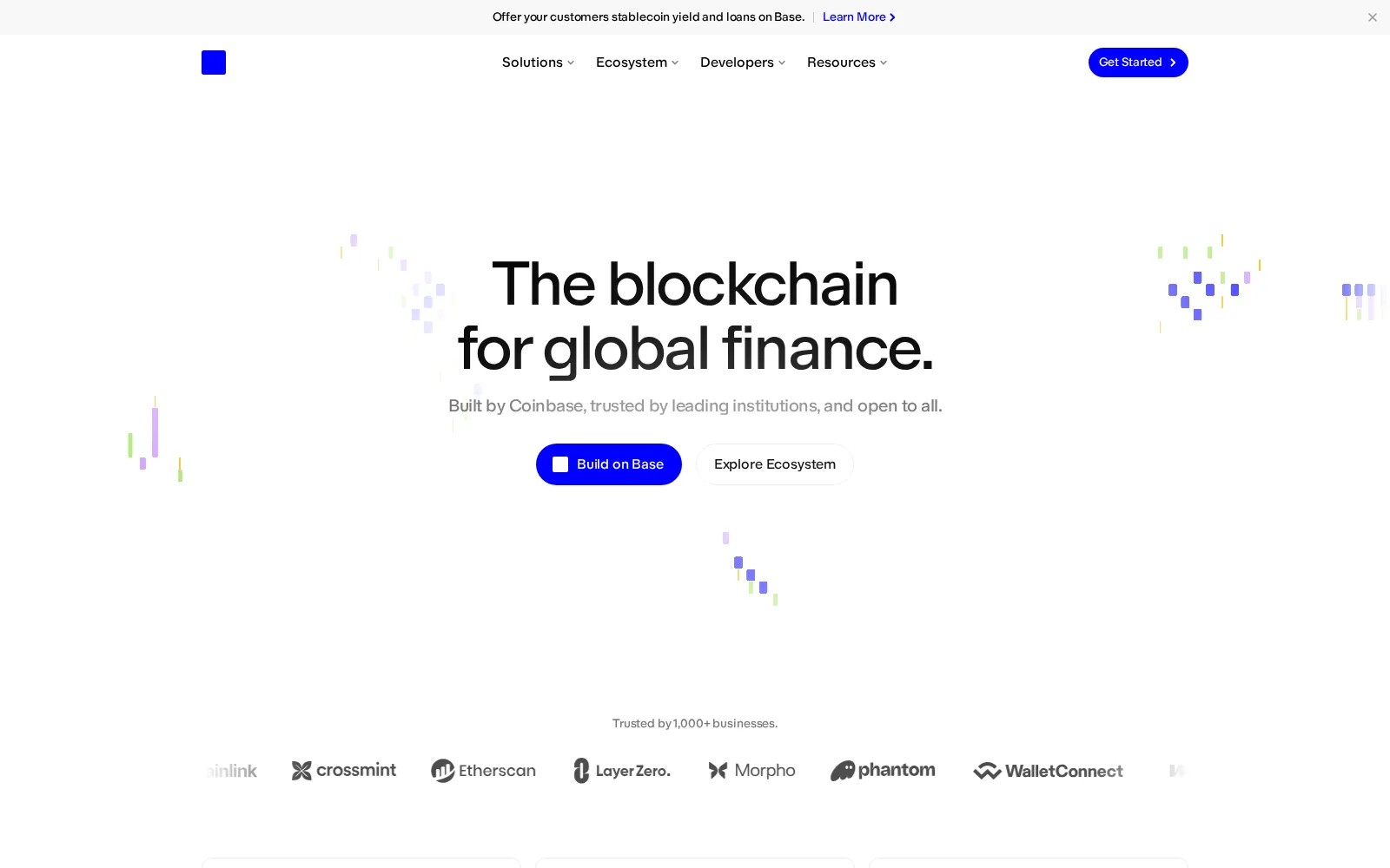 Base home page: "The blockchain for global finance"