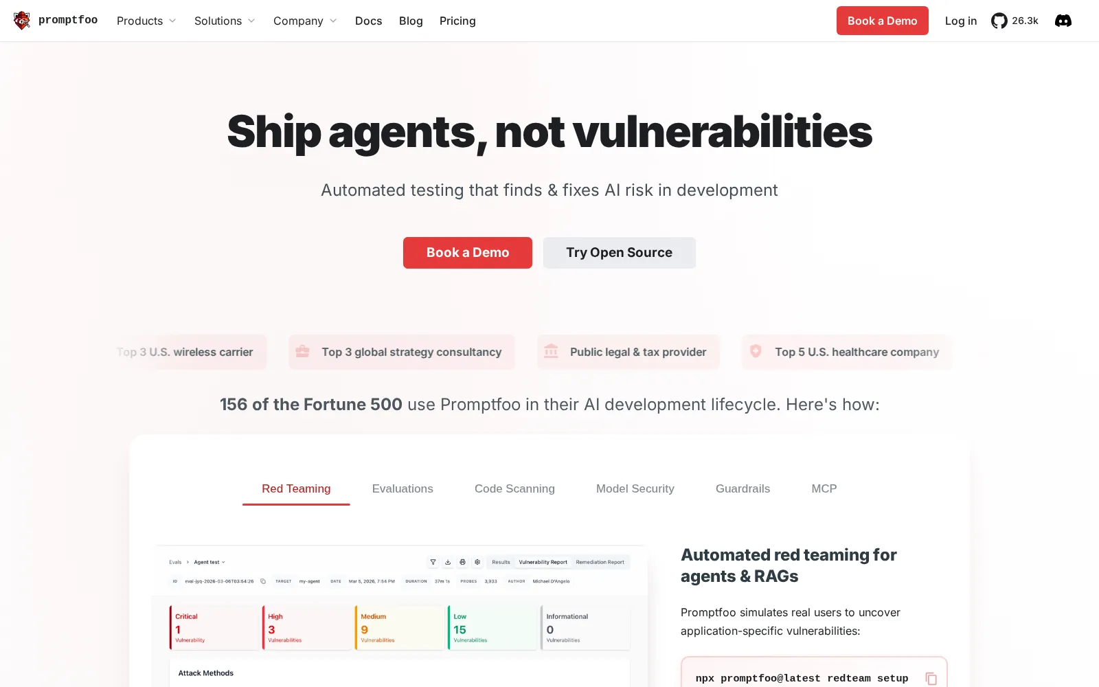 Promptfoo home page: "Ship agents, not vulnerabilities"