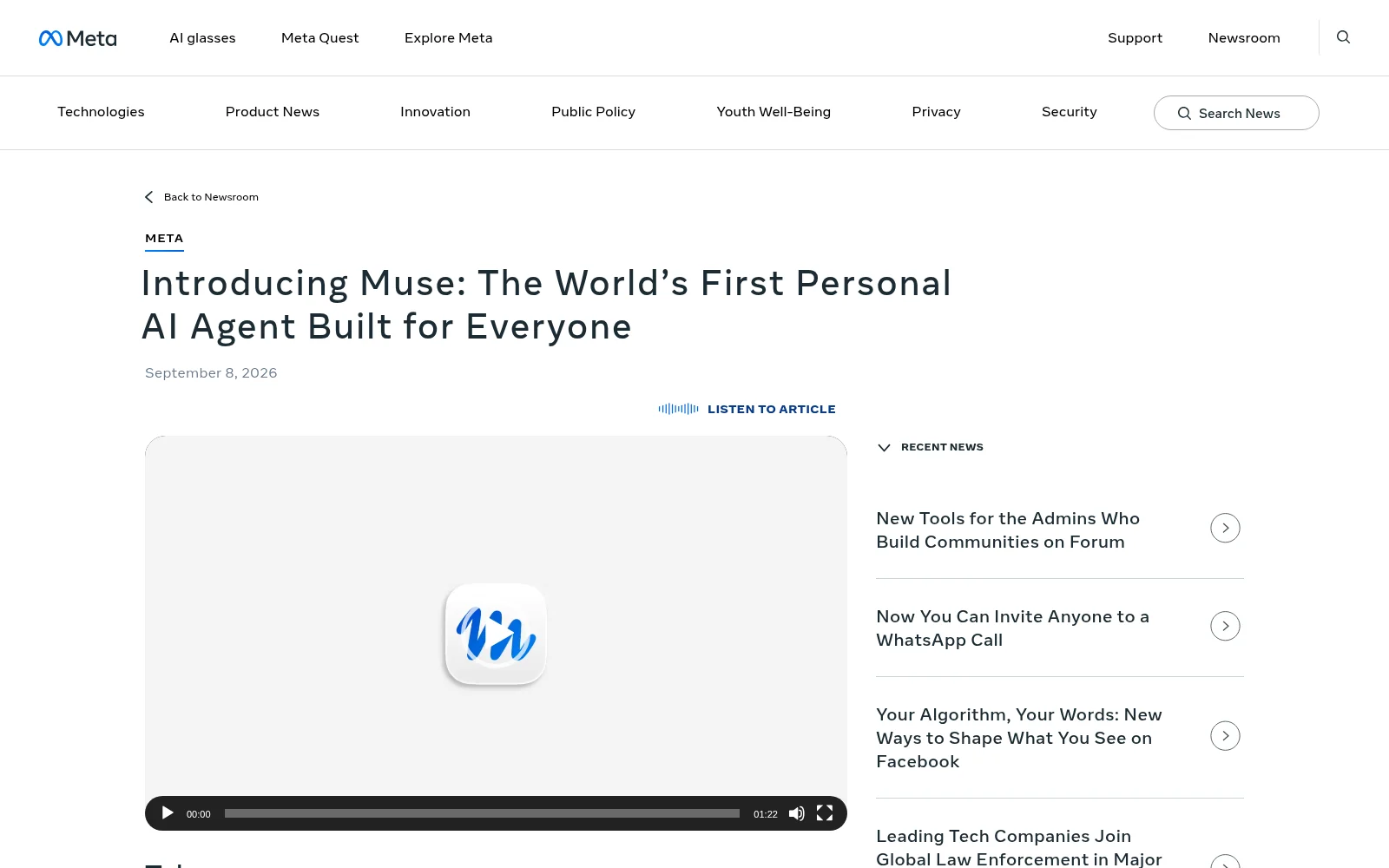 Meta Newsroom announcement: 'Introducing Muse: The World's First Personal AI Agent Built for Everyone'