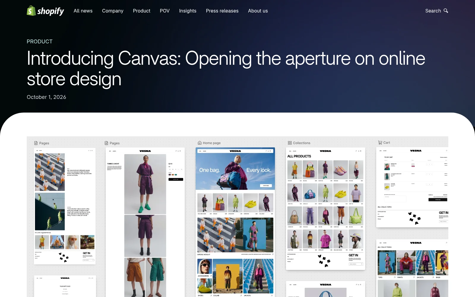 Shopify News announcement: 'Introducing Canvas: Opening the aperture on online store design'
