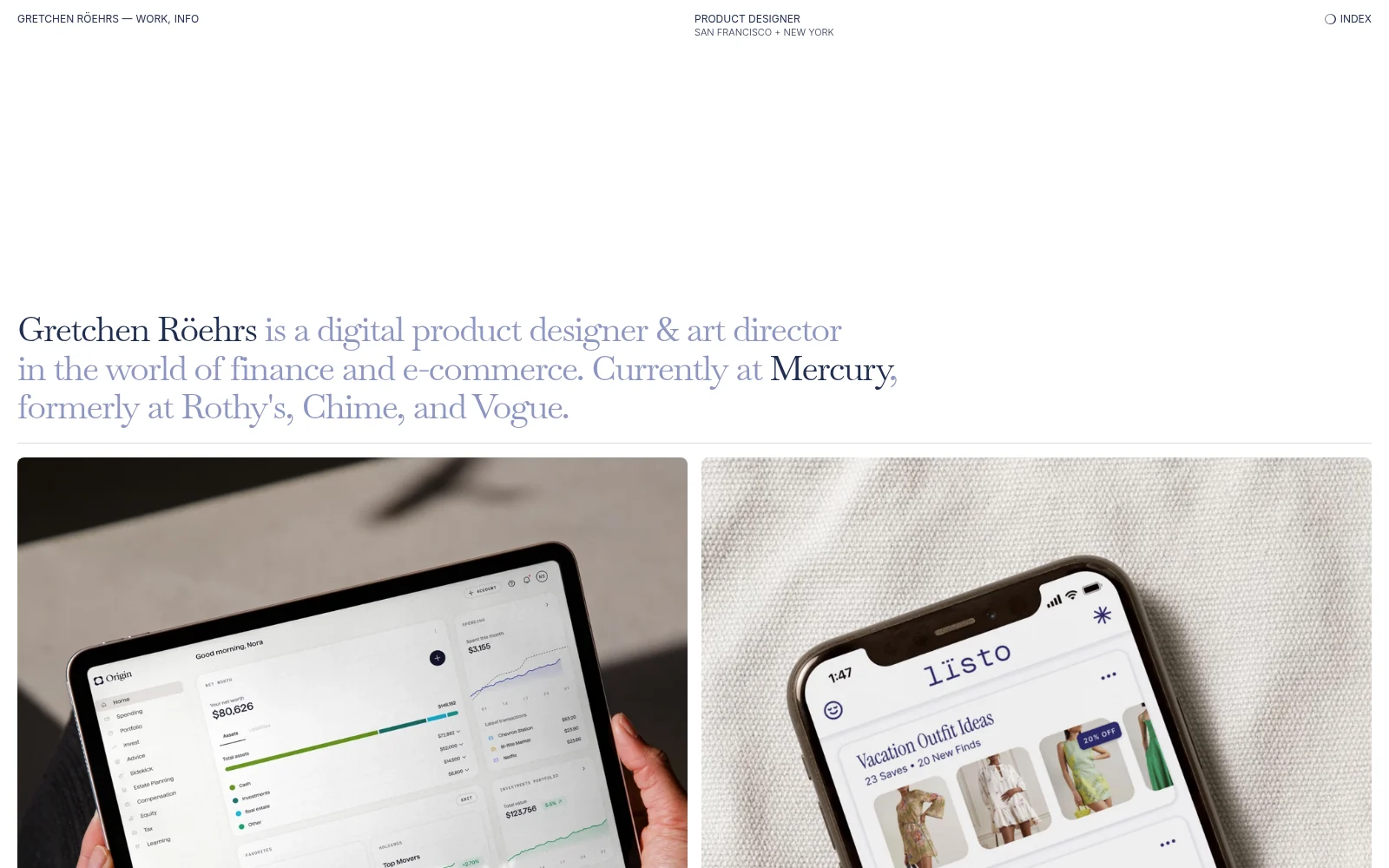 Gretchen Röehrs's product design portfolio (groehrs.com) showing Origin and Listo case studies