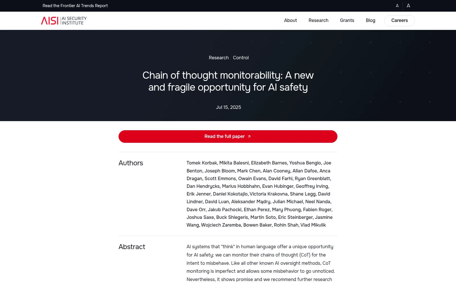UK AI Security Institute page for 'Chain of thought monitorability: A new and fragile opportunity for AI safety'
