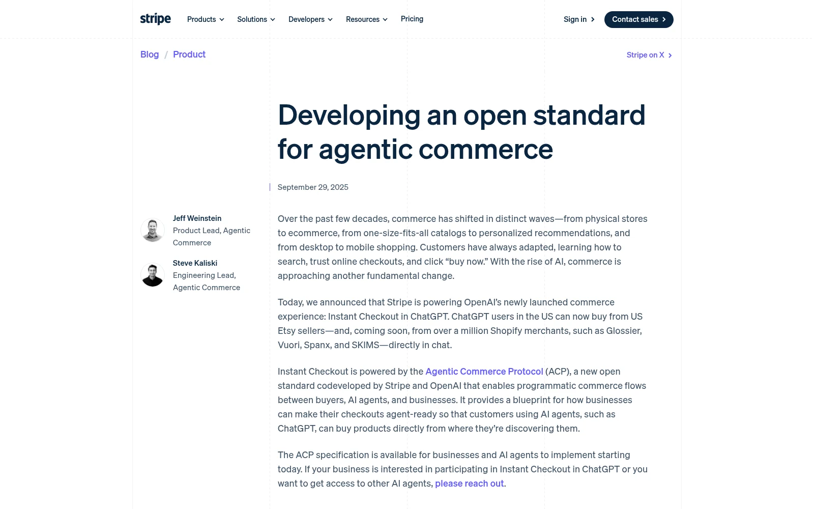Stripe blog post: 'Developing an open standard for agentic commerce' by Jeff Weinstein and Steve Kaliski