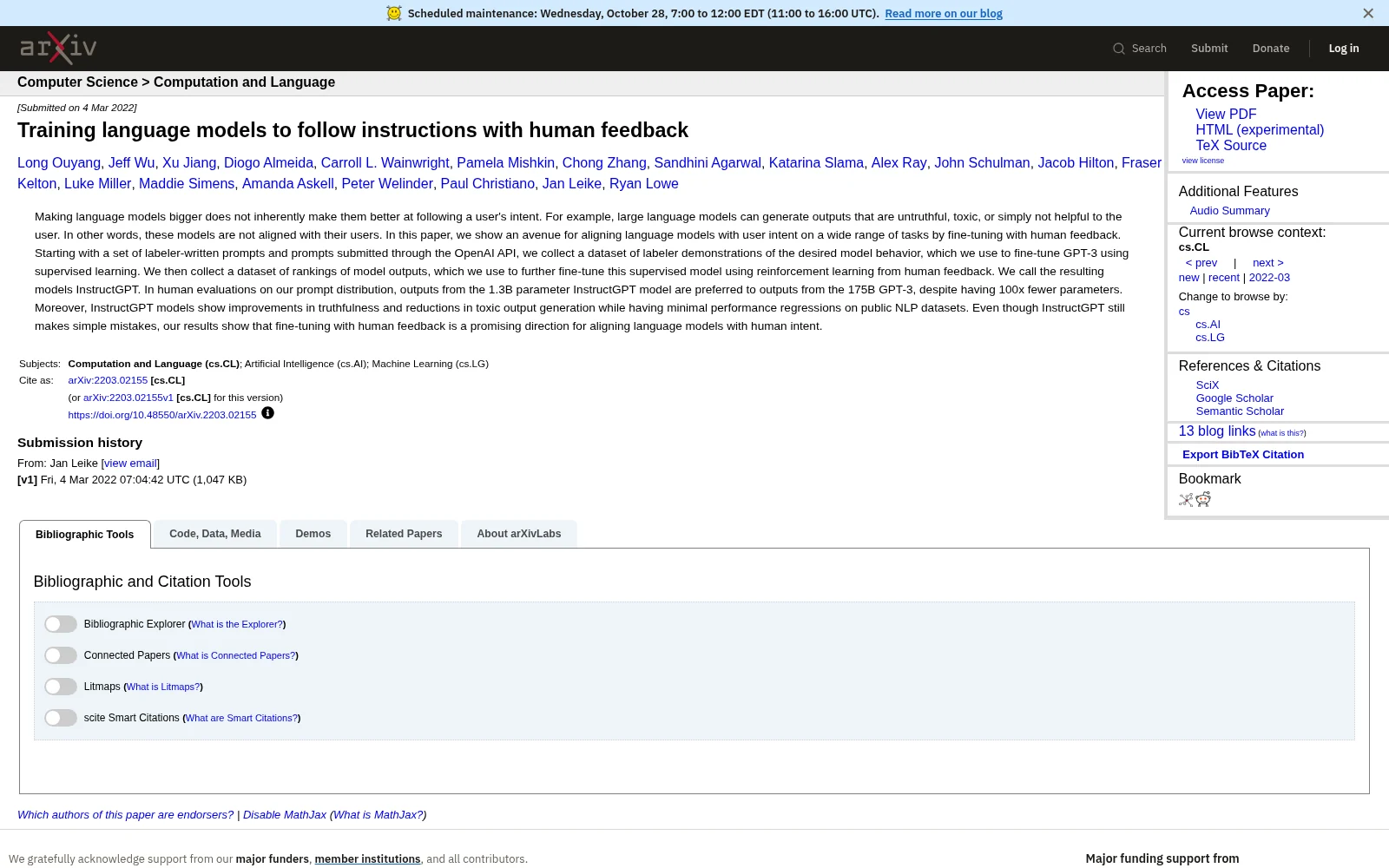 arXiv page for 'Training language models to follow instructions with human feedback' (InstructGPT)