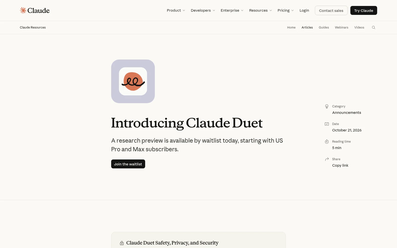 Anthropic announcement page: 'Introducing Claude Duet'