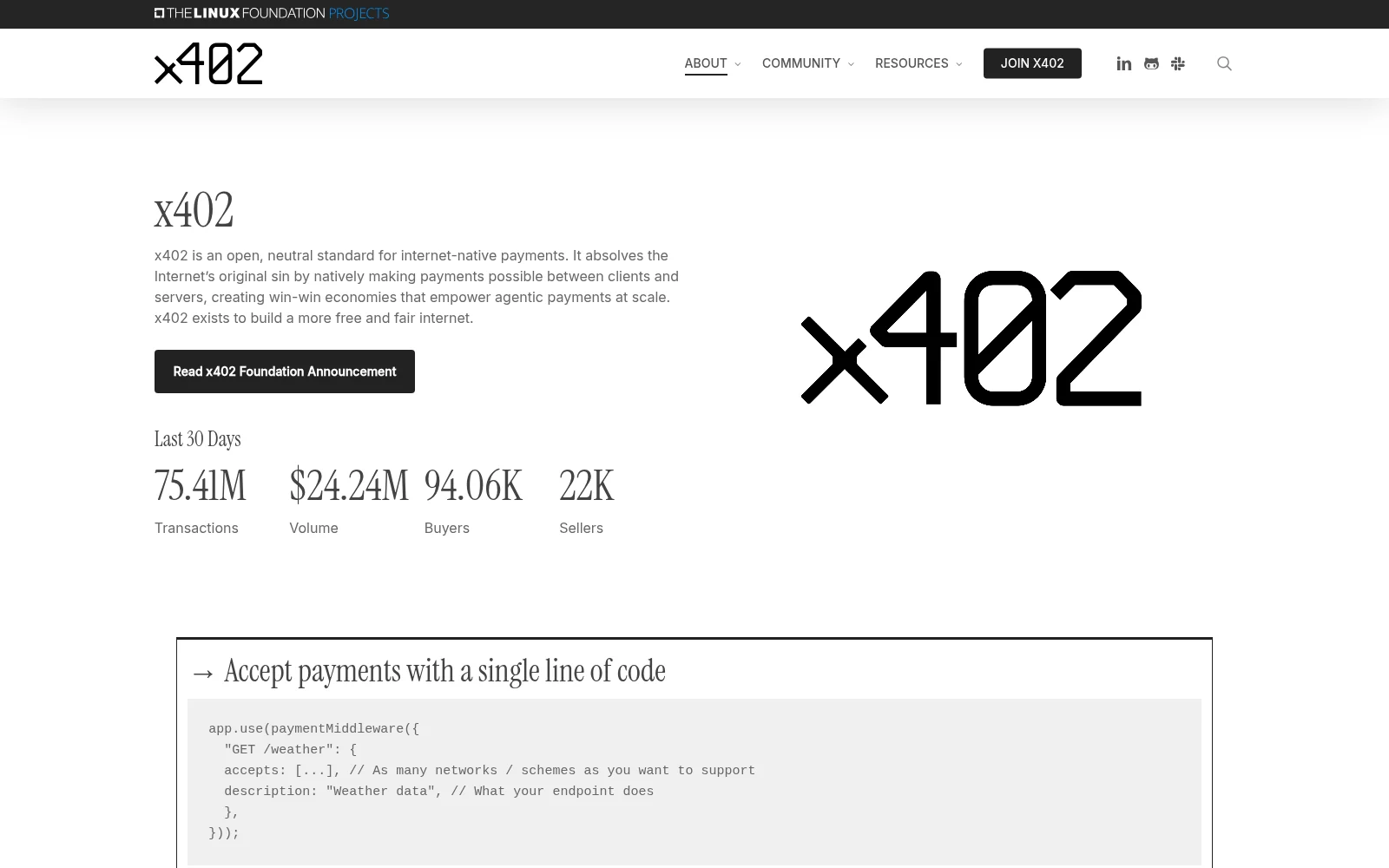 x402 home page under the Linux Foundation showing agentic payment volume and middleware code