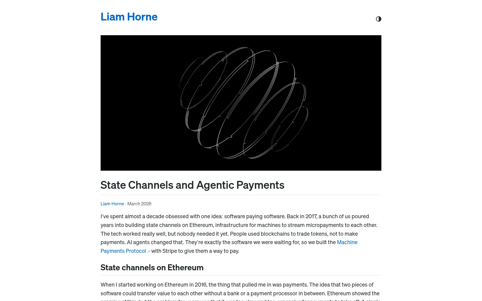 Liam Horne's essay 'State Channels and Agentic Payments' on liamhorne.com