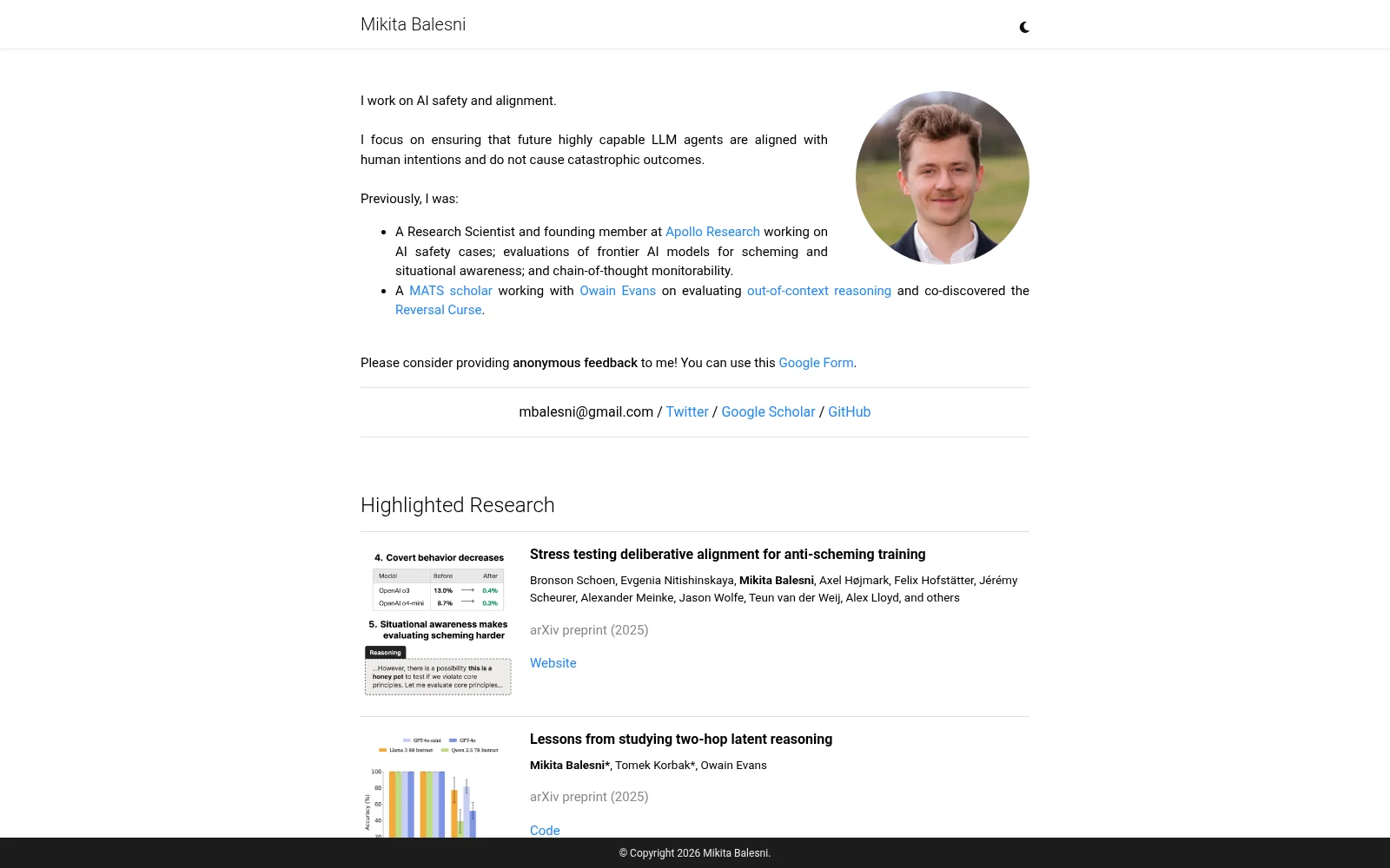 Mikita Balesni's research page showing highlighted alignment and anti-scheming papers